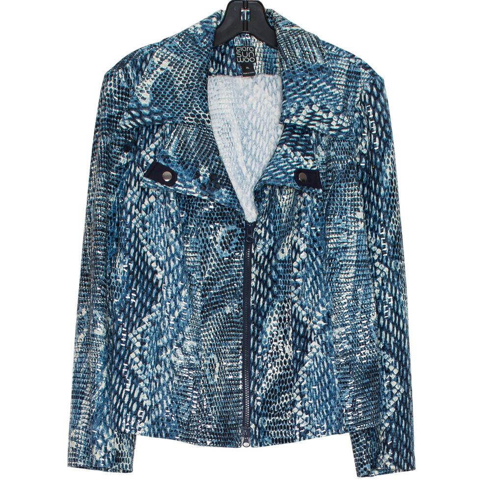 Clara Sun Woo Jacket XL Blue Snake Print Moto Zip Up Abstract Shiny Travel Artsy